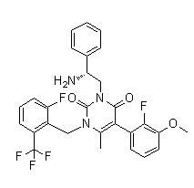 3-[(2R)-2-Amino-2-phenylethyl]-5-(2-fluoro-3-methoxyphenyl)-1-[[2-fluoro-6-(trifluoromethyl)phenyl]methyl]-6-methyl-2,4(1H,3H)-pyrimidinedione|830346-50-4